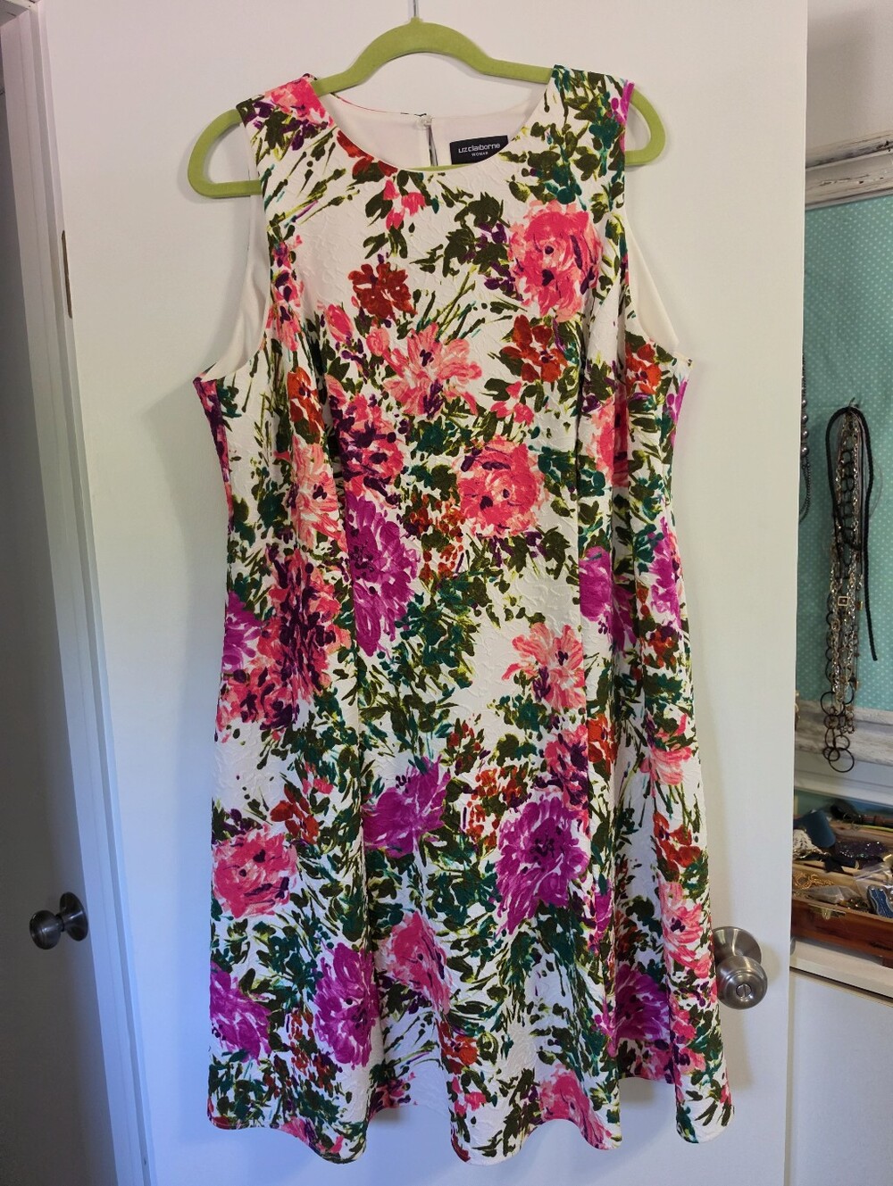 Liz Claiborne White Floral A-Line Dress with Pink & Green Bloom